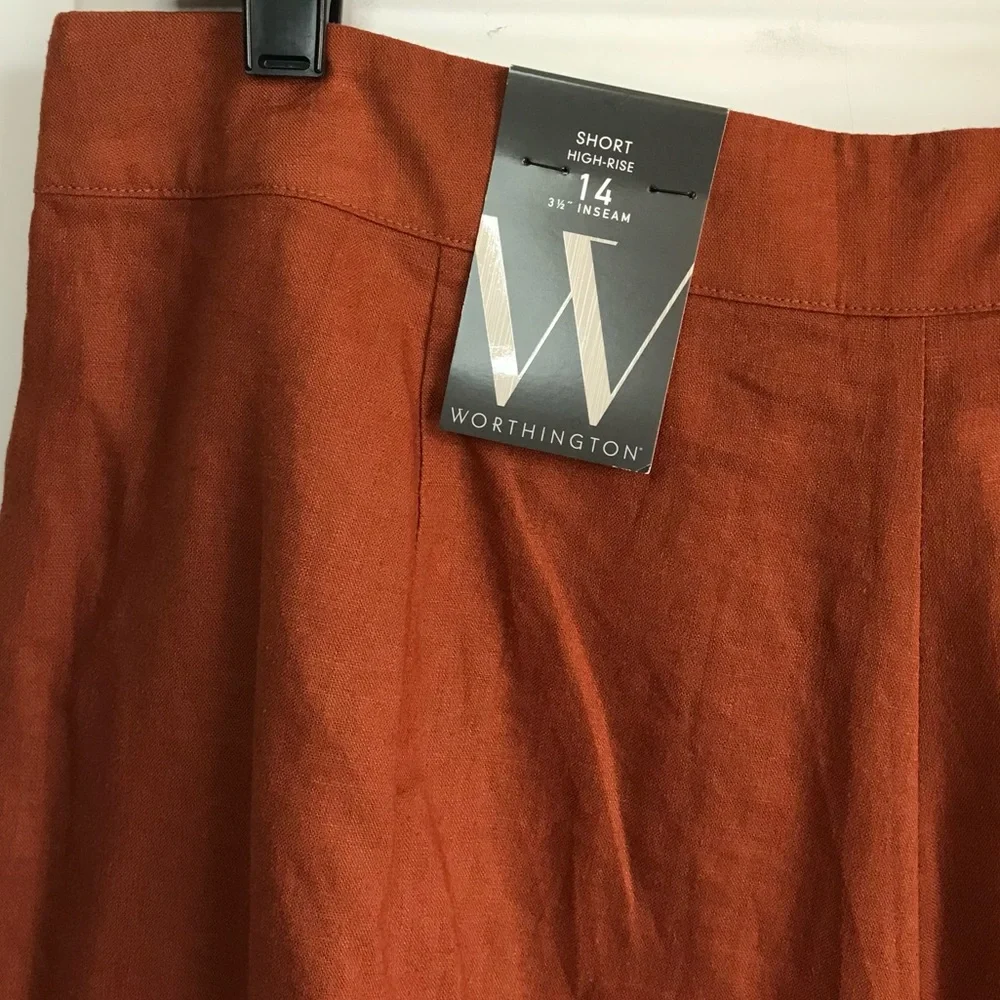 Worthington New Women’s 14 Santiago Rust Orange High Rise Linen Pleat Shorts NWT - Picture 10 of 13